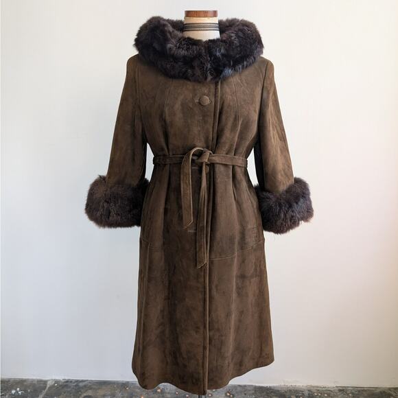 Vintage Brown Suede Penny Lane Jacket Fur Trim Leather Groovy Trench Coat Large - Picture 1 of 12